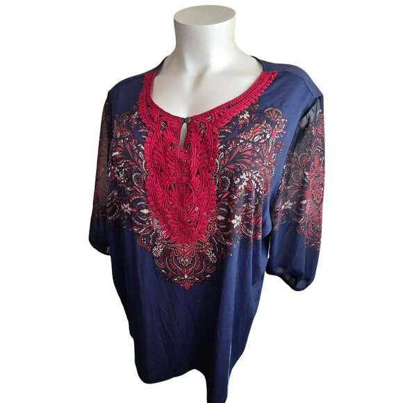 Catherines 3X 26/28W Womens Top Boho Style Keyhole Neckline Navy Red JJ4044 - Picture 7 of 12
